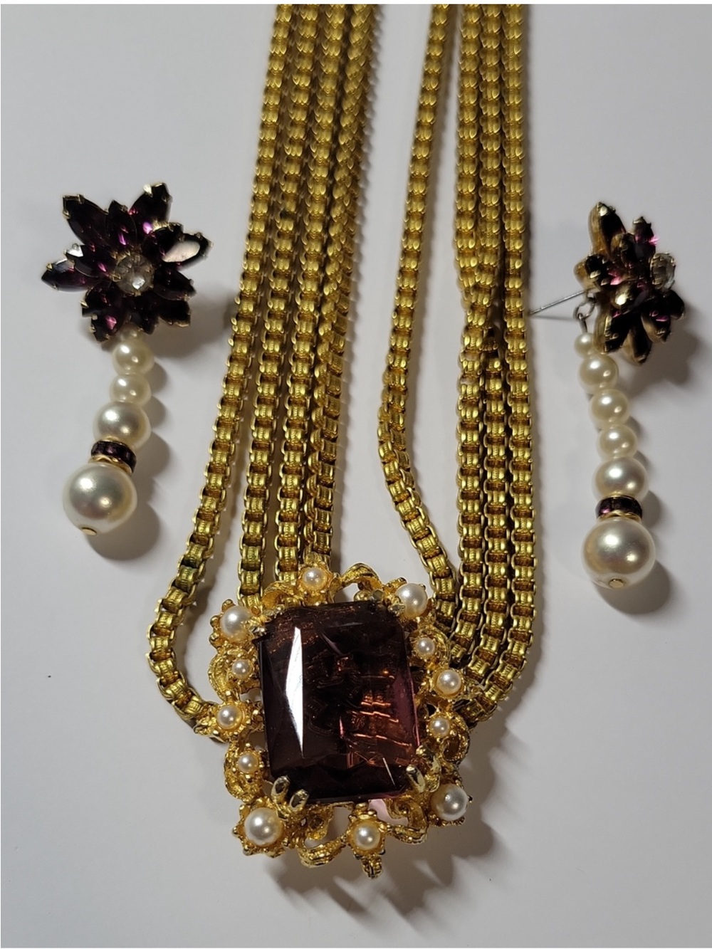 Vintage Victorian Revival Purple Glass Emerald Cut Pendant Necklace & Earring